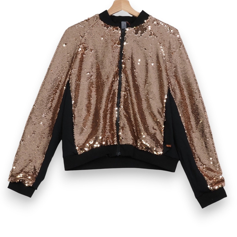 Womens Sequin Bomber Jacket Medium Rose Gold Bachelorette Festival Glam NWT